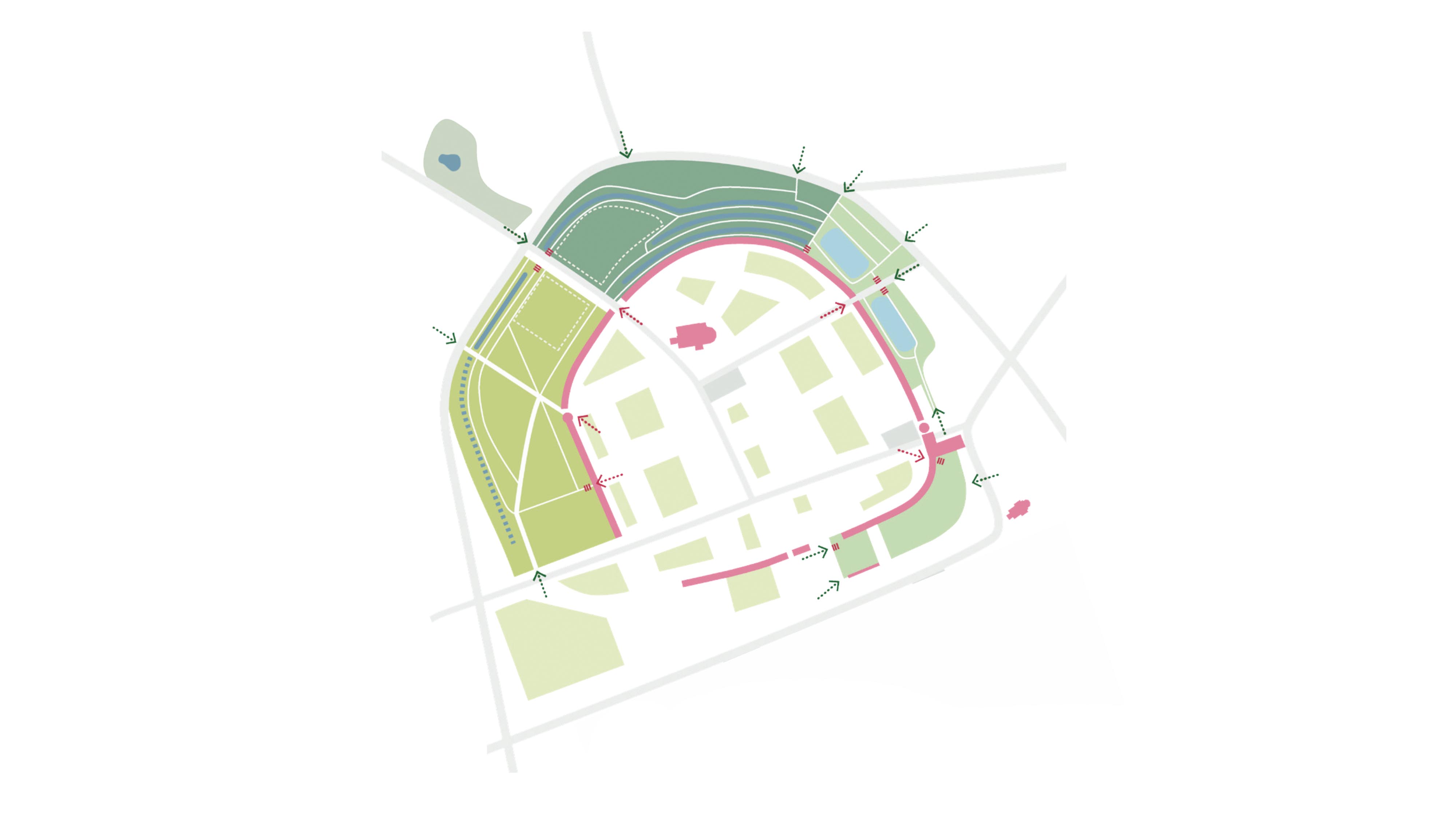 Potenzialräume in Stadtkern und Stadtpark: Stadteingänge, Parkränder, Wege und Stadtplätze werden zu wichtigen Interventionsräumen für mehr Grün, bessere Verbindungen und eine höhere Aufenthaltsqualität.
